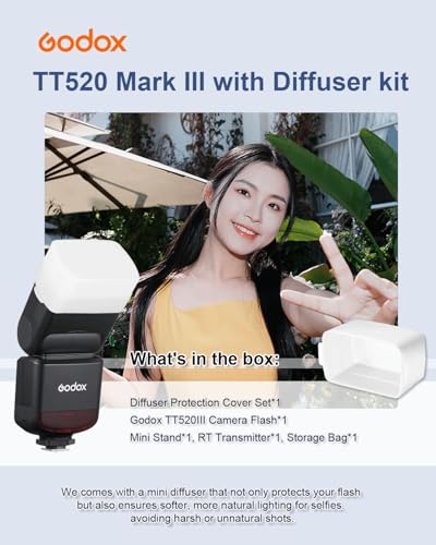 Godox TT520III Universal Bounce Flash Kit with Diffuser for Canon, Nikon, Sony, Fuji, Olympus Single-Contact Hot Shoe Cameras, 433MHz Wireless Speedlite, GN33, 400 Flashes, S1/S2 Optical Slave Modes Flash with trigger & diffuser kit