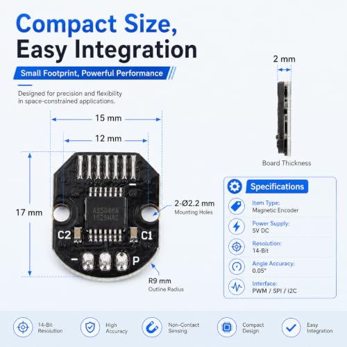 AS5048A Magnetic Encoder, 14-Bit AS5048A Magnetic Encoder with PWM SPI I2C Interface, 0.05° Angle Accuracy, High Precision Rotation Position Sensor Induction Angle Measuring Sensor Module