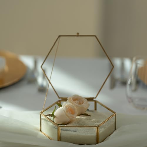 Large Glass Vintage Jewelry Box, Gold Hexagonal Jewelry Display Organizer Large - 8.7x7.5x2.4 inch
