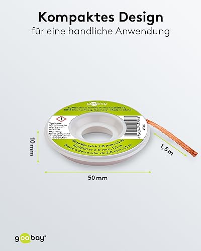 goobay Desoldering Braid 2 mm, 1.5 m Long Desoldering Wire Made of Pure Copper, Suction Band for Clean Removal of Solder on Circuit Boards - 45246 2mm