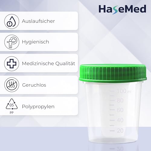 3 x HaseMed Premium Urine Cup Sample Cup | 125 ml, Screw Cap Lid, Green, Graduated up to 100 ml, Leak-Proof, Writeable, Freezable 3