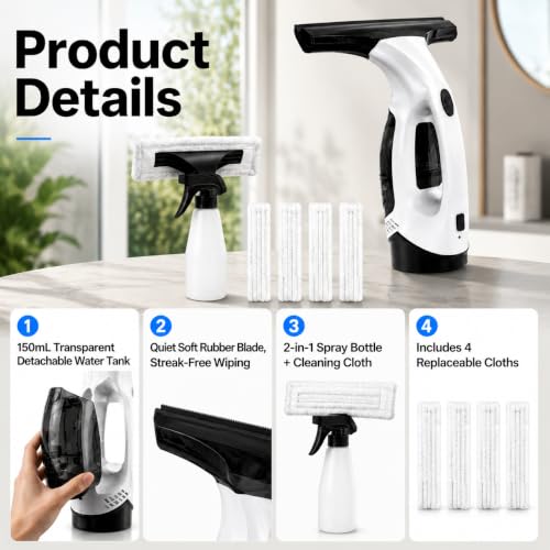 Electric Window Vacuum Cleaner Cordless, Glass Washer Vac 2000pa 150ml Water Tank, Windows Cleaning Equipment Tool Suitable for Mirrors Windows Glass (with 4 Cloths)
