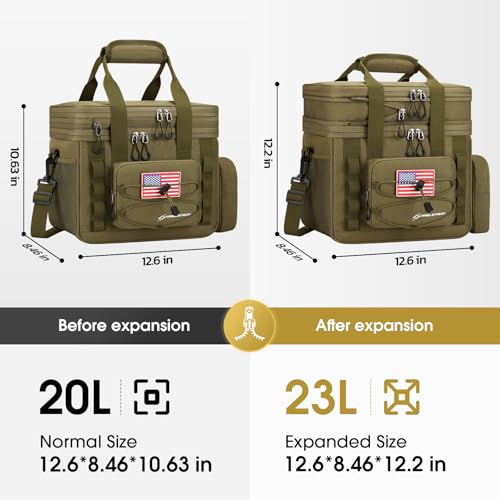 Maelstrom 23L tactical lunch box for men, expandable double deck cooler bag in khaki with sturdy handles and multiple compartments