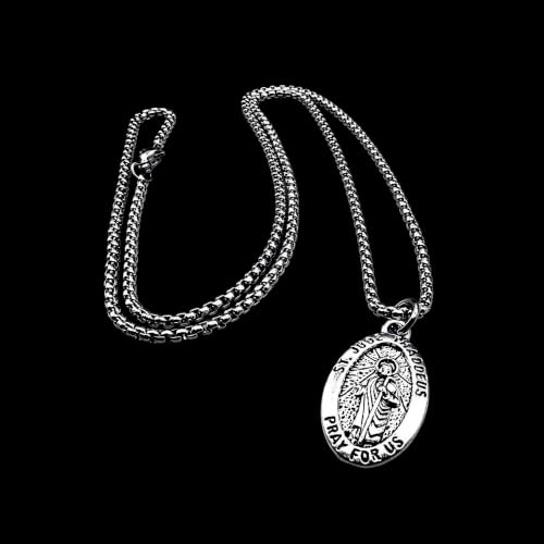 Antique Silver St Jude Thaddeus Medal Necklace on a 24'' Stainless Steel Chain in a Velvet, Drawstring Gift Bag