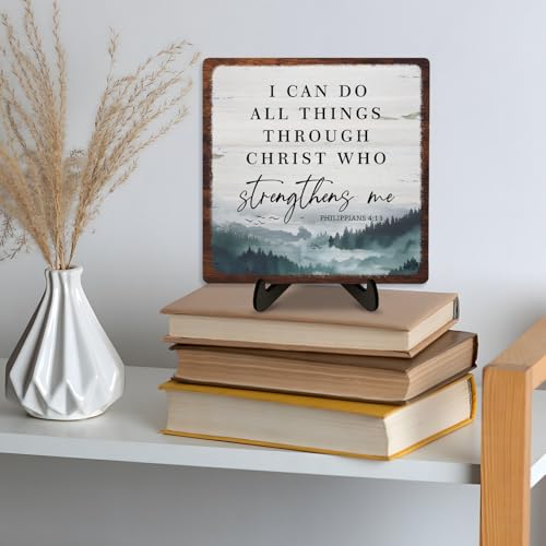 Bible Verse Sign,Christian Wooden Sign Desk Decor,Positive Home Decor Plaque,Motivational Scripture Gift, I Can Do All Things Through Christ Who Streng Thens Me 5.9x5.9inch(PHILIPPIANS 4:13) PHILIPPIANS 4:13 5.9 x 5.9 inches