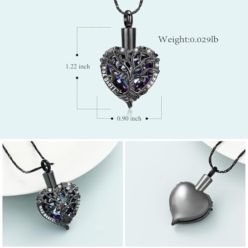 Tree of Life Urn Necklace for Ashes Heart Cremation Jewelry Urns Pendant Keepsake Funeral Urns Memorial Lockets for Women Men Black&Purple