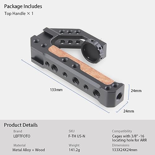LEFTFOTO Top Handle Quick Release Handgrip for Camera Cage Rig with 3/8" ARRI Locating Pins, Anti-Off Designed,Wood & Metal Grip