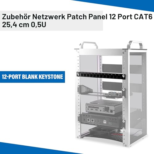 GeeekPi 12-Port Cat6 Patch Panel - 0.5U (10") Modular Keystone Coupler Panel for DeskPi RackMate T0/T1/T2/T0 Plus/T1 Plus/TL1 Network Cabinets and 10" Server Cabinet 12-Port Cat6 Patch Panel Black