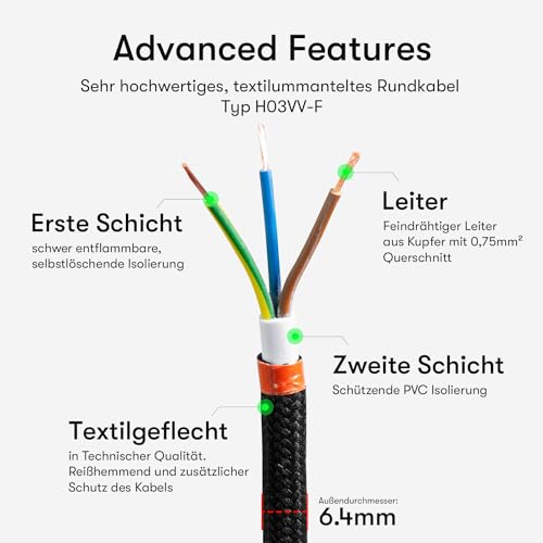 Textile Cable for Lamps, Textile-Coated Round Cable, Three-Core, 3 x 0.75 mm², Gold, black 5 metres
