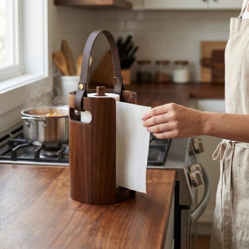 Wooden Paper Towel Holder, Wood Paper Towel Holder Countertop with Anti-Slip Base, Leather Handle and Splash Guard Plate for Kitchen and Bathroom, Living Room, RV