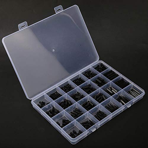 Dioche black nylon hexagonal standoff nut kit in plastic case, M2, M2.5, and M3 sizes for PCB circuit boards