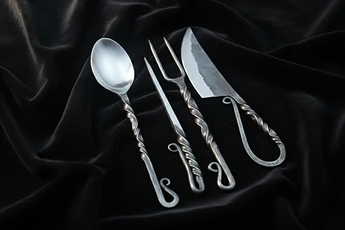Hand Forged Medieval Cutlery Set - Viking Silverware Set with Leather Cover