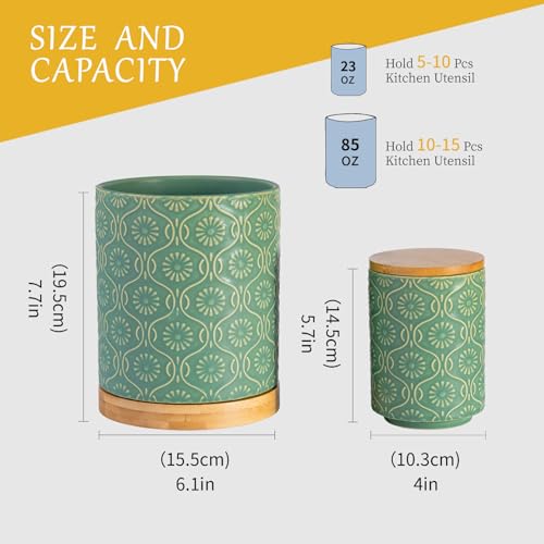 TEATALK Ceramic Canister with Airtight Lid, Cookie & Coffee Canister for Countertop, Food Storage Jar for Sugar, Tea, Matcha, Candy, Coffee Bean Container, Green,7.7"+5.7" Set2-Green