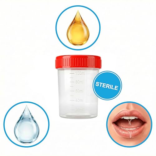 KMINA Urine Container 120 ml, Sample Container with Red Screw Cap, Graduated and with Matte Labelling Zone, Hygienic | Graduated every 20 ml to 100 ml, Matte labelling zone 33 x 50 mm with fields for name and date, Leakproof and hygienic 8u