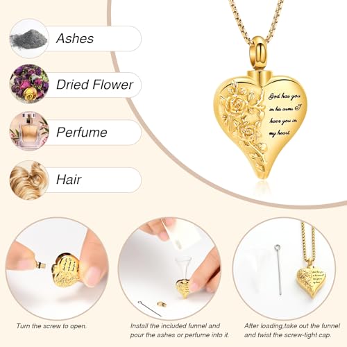 Oinsi Heart Urn Necklace Cremation Jewelry for Ashes Rose Flower Love Heart Ashes Keepsake for Women Men Pendant Memorial Locket Ash Holder Gold