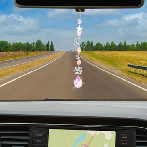 Moon and Star Rear View Mirror Car Charm, Cute Boho Sun Catcher Pendant Hangings Ornaments Healing Crystals Stones Car Decor for Women Men(A) A