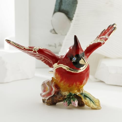 Hand Painted Enamel Cardinal Trinket Box for Home Decor, Unique Keepsake Collectible Figurine Jewelry Organizer Storage, Personalized Elegant Handmade Statue Decorative Ornament Gifts (Red Cardinal) Red Cardinal