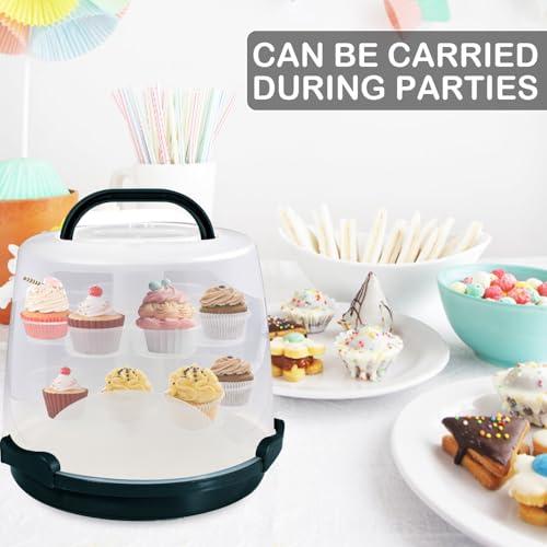 Cake Carrier Round Cake Stand Plus Height Cake Container with Cupcakes Pad, Handle, Lid Reusable Package Box for Transporting Desserts,Pie,Toast,Fruit (10" Black) 10" Black