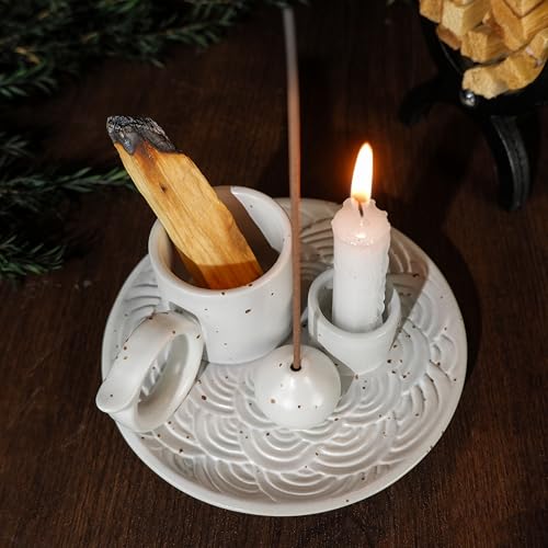 5 in 1 Ceramic Palo Santo Burner Holder for Sage, Incense Sticks & Candle White Palo Incense Dish