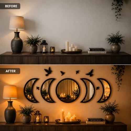 NESHE Moon Phase Mirror Wall Decor Set with Birds | Gothic Witchy Boho Wall Mirror Decor | Scandinavian Aesthetic Home Decor for Bedroom Living Room (Black) Black