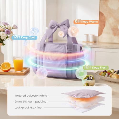 LOVEVOOK Insulated Lunch Box for Women,Adult Lunch Cooler Tote Bag with Bow Navy Blue Large-13L