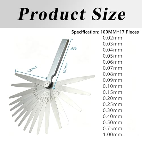 17-Blade Feeler Gauge Stainless Steel, 0.02-1.00 mm Metric Feeler Gauge, Spark Plug Gauge, High Precision Measuring Tool, Valve Gauge Gap Wide Feeler Gauge for Measuring Piston Rings Brake Bands Gaps