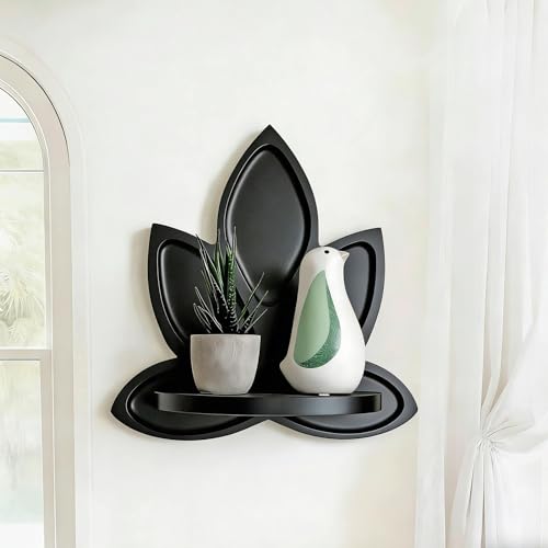 Small Black Carved Lotus Flower Wooden Floating Wall Shelf, Boho Zen Spiritual Home Decor for Yoga & Meditation Space