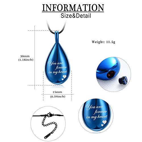 Urn Pendant Necklace Teardrop Cremation Jewelry for Ashes Memorial Keepsake for Women Jewelry Funeral Ashes Holder Collarbone Necklace You are forever in my heart Blue