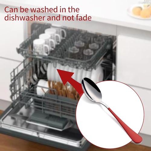 Red Dinne spoons Set 24 Piece,Red Handle Silverware 18/0 Stainless Steel Flatware Bulk 7.3-inch Dessert Spoons Sets Table of 24,Mirror Finished Dishwasher Safe Red-7.3 inch