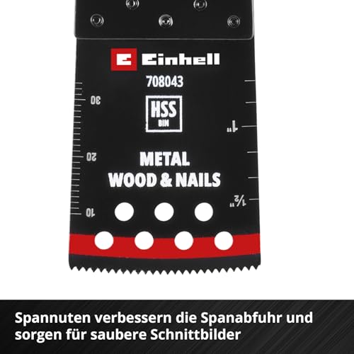 Einhell BiM Plunge Saw Blade, Curved, 34 x 40 mm | 40mm immersion depth | flutes | HSS metal teeth | curved cutting edge | quick change function | open back intake 34mm plunge saw blade black