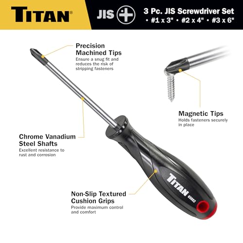 Titan 65885 3-piece JIS screwdriver set with magnetic tips, #1, #2, and #3 Phillips-style drivers