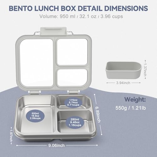 Stainless Steel Bento Box for Kids, 3-Compartment Metal Lunch Box with Clear Lid & Removable Silicone, Lunch Box Kids with Silicone Inner Container for Meal Prep, School, Office (Grey) Grey