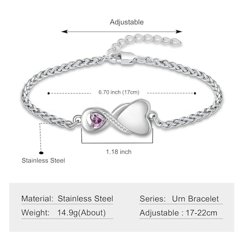 Infinity Urn Bracelet for Women Men Heart Birthstone Cremation Jewelry for Ashes Link Bracelets Keepsake Memorial Urns Lockets for Human Ash Bangle Bracelet Jewellery Purple