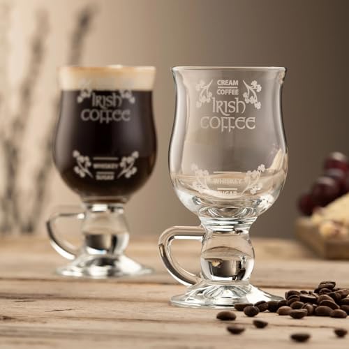 GALWAY Crystal Irish Coffee Glass Set, 5.7" H x 3.3" W Clear Glass Coffee Mugs for Lattes and Specialty Drinks, Set of 2