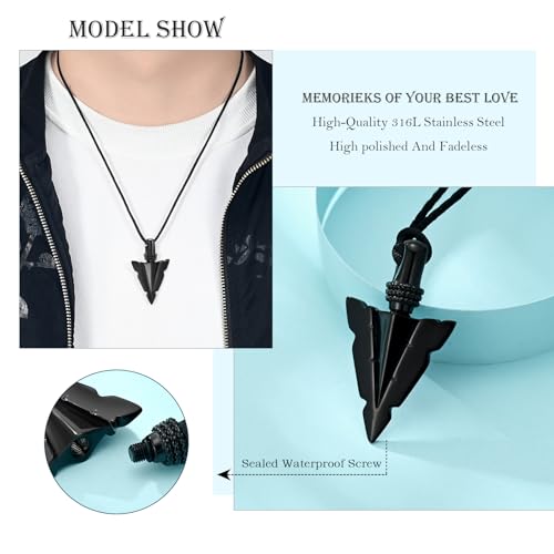 Hearbeingt Arrowhead Urn Necklace for Ashes Cremation Jewelry for Men Black
