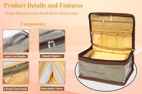 atorakushon Nylon MakeUp Organizer Case Travel Jewelry Bag Transparent Ring Earring Storage Box for Bracelet Pendant Holder with 7 Clear Zippered Pouch Brown