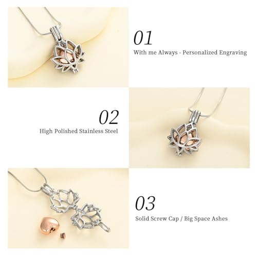 Oinsi Cremation Jewelry Lotus Shape Stainless Steel Memorial Necklace Inside Mini Heart Urn Holder Necklace For Ashes Silver With Rose Gold
