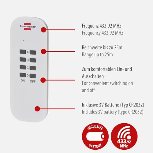 Brennenstuhl Radio Switch Set RC CE1 4001, Set of 4 Radio Sockets | Indoor, with hand-held transmitter and increased touch protection, white