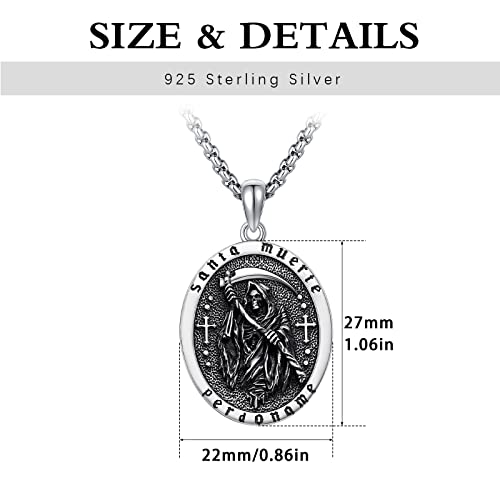 TRISHULA Santa Muerte Necklace for Men, 925 Sterling Silver Grim Reaper Necklace Oxidation Grim Skull with Scythe Pendant Skull Jewelry Gift for Birthday Graduation B