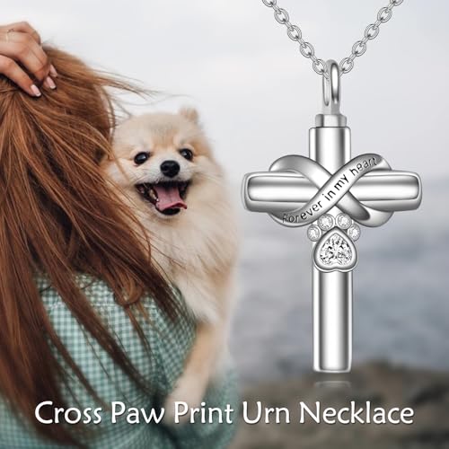 Cross Pet Urn Necklace Sterling Silver Infinity Pet Ashes Pendant Silver-Dog Crystal