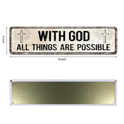 With God All Things Are Possible,Religious Wall Decor,Scripture Wall Art,Catholic Christian Gifts for Men, 4" by 16" Tin Plaque for Home with god all things are possible-01