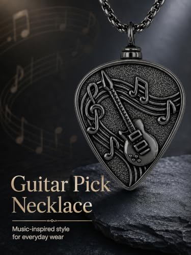 Guitar Pick Necklace Music Soundwave Guitar Pick Pendant with Music Note Jewelry Musicians Gifts 2-Black