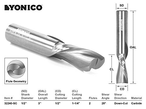 Yonico 32240-SC downcut spiral router bit, 2-flute solid carbide CNC end mill, 1/2-inch diameter and shank