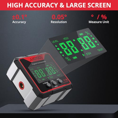 JUSTOOL Digital LCD Protractor Inclinometer Laser Angle Measuring Device Spirit Level IP54 Waterproof Level Box 4-Sided Magnetic Leveling Box Bevel Box with Type-C Charging Cable Red
