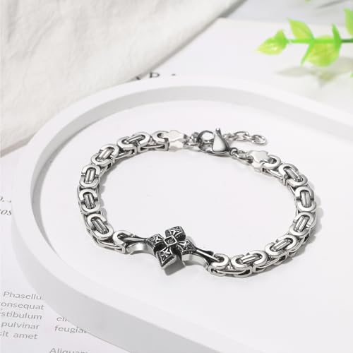 JewelryWe Cross Bracelet for Men: Stainless Steel Vintage Adjustable Byzantine Chain Bracelets Christian Faith Jewelry for Birthdays Father's Day and Special Occasions