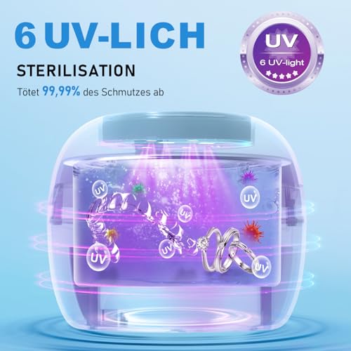 Ultrasonic Cleaner Dental Pod with 50 kHz, 250 ml Cleaning Device with 6 UV Disinfectant Lamps for Braces, Splints, Retainers, Dentures, Prostheses, Aligners & Jewellery