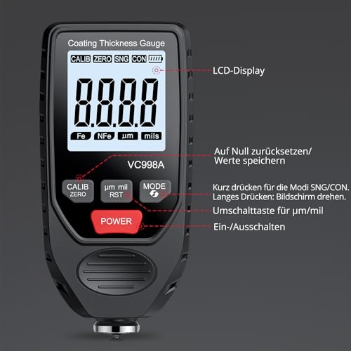 BINTA Car Paint Thickness Gauge, 0-1500μm, for Used Car Check and Workshop | ±3%+2µm accuracy, 0.1µm resolution, Fe/NFe automatic, coating thickness gauge car paint for car bodywork