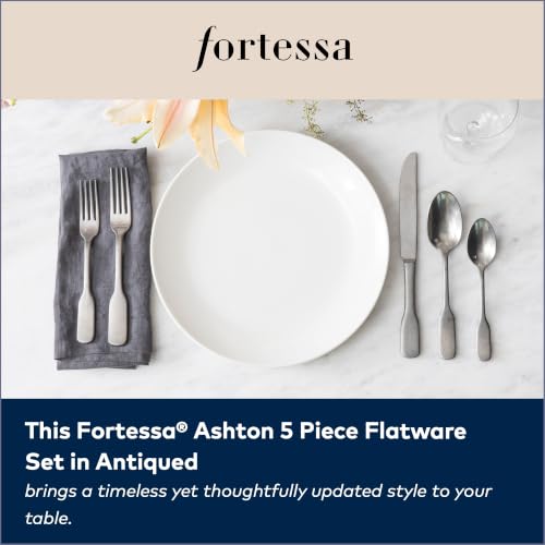 FORTESSA Ashton 18/10 Stainless Steel Flatware, 5 Piece Place Setting With Knife, Forks and Spoons (Service For 1), Dishwasher Safe, Antiqued Ashton Antiqued Silver 5-Piece