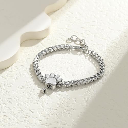 Paw Print Urn Bracelet for Ashes for Dog/Cat Cremation Jewelry Cute Animals Adjustable Memorial Keepsake Bracelets Jewelry for Ash Holder Silver