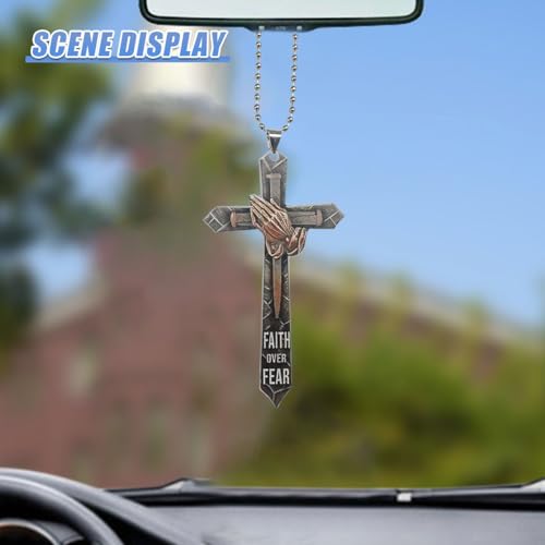 Praying Hands Cross Car Pendant - Faith Over Fear Inspirational Decoration Car Rear View Mirror Charm - 2D Flat Acrylic Religious Cross Vehicle Mirror Hanging Ornament for Women Men (Gold) Gold